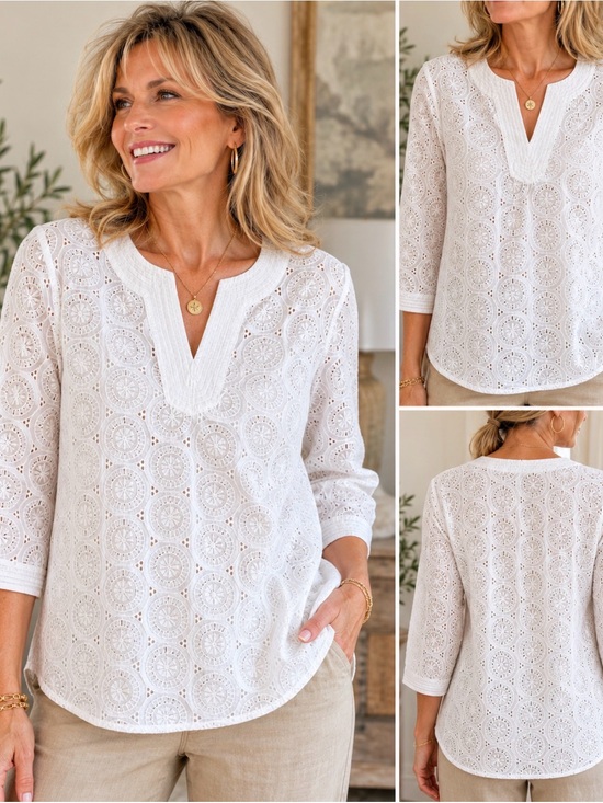 Charter Club Tops - Charter Club Women’s Bohemian Eyelet Embroidered 100% Cotton V-Neck Tunic L EUC